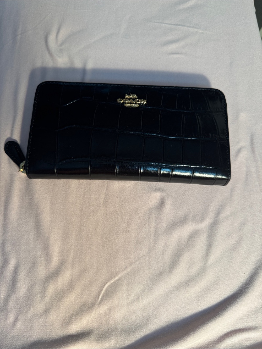 Coach Black Croc-Embossed Zip Wallet with Gold Tone Logo